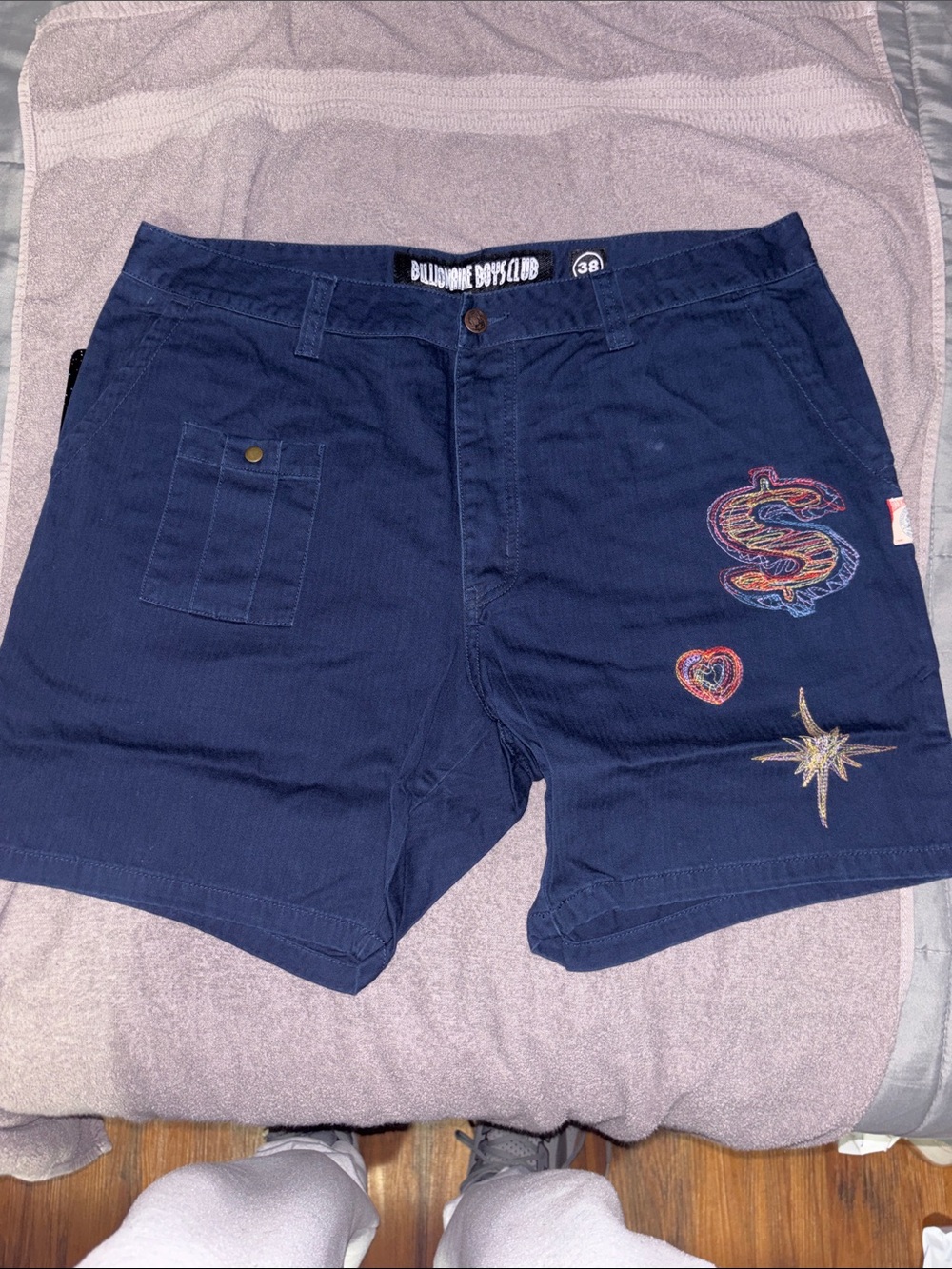 Billionaire Boys Club Navy Cotton Cargo Shorts with Embroidered Motifs